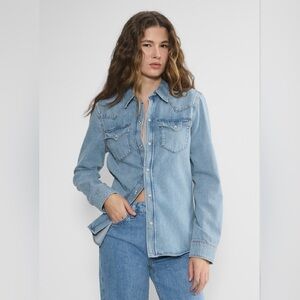 Denim Forum Denim Western Shirt Women XS Light Blue Snap Button Long‎ Sleeve NWT